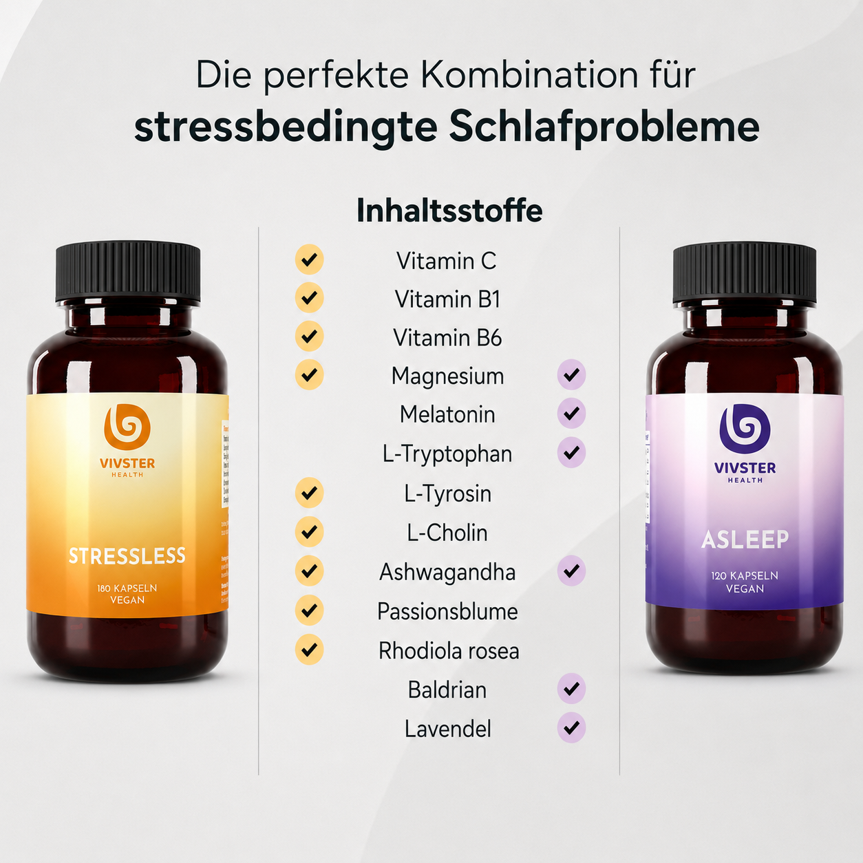 Die Inhaltsstoffe des Bundles ASLEEP und STRESSLESS ergänzen sich perfekt bei stressbedingten Schlafproblemen.