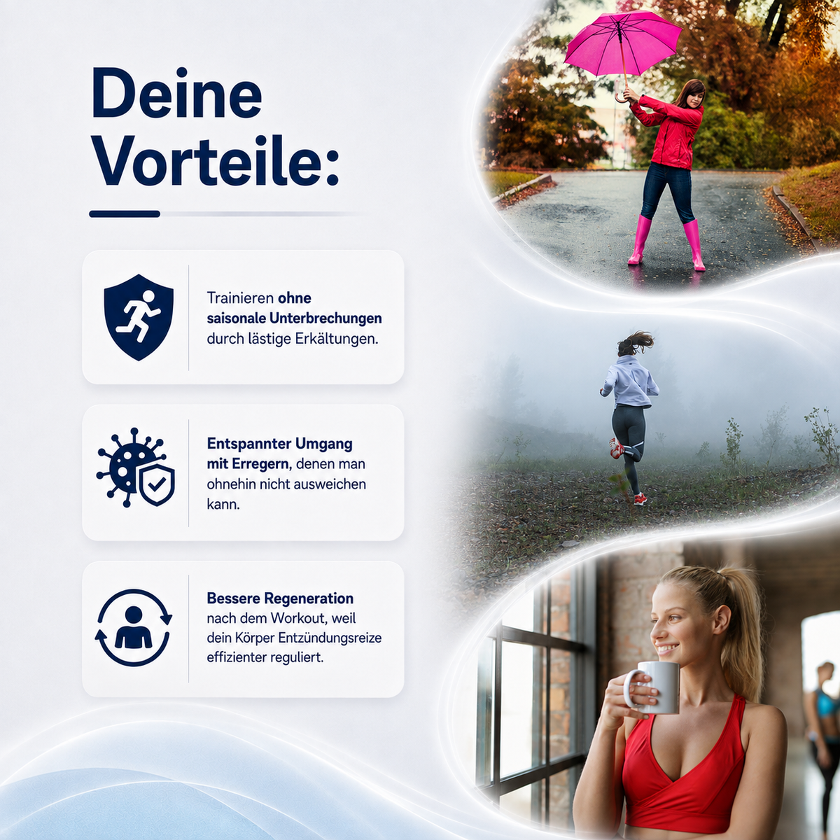 IMMUNE hilft gegen erkältungsbedingte Trainingspausen, gegen Erreger und unterstützt eine bessere Regeneration.