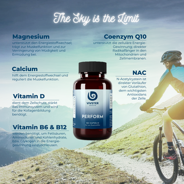 Nahrungsergänzung für Leistung, Regeneration und Sport mit u.a. Vitamin C, B6, B12, Vitamin D, Q10, Magnesium, Selen, Eisen, Zink
