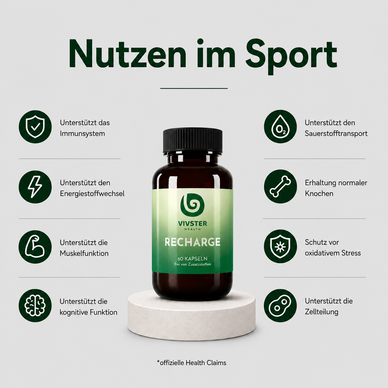 RECHARGE unterstützt das Immunsystem, den Energiestoffwechsel, die Muskelfunktion und die kognitive Funktion.