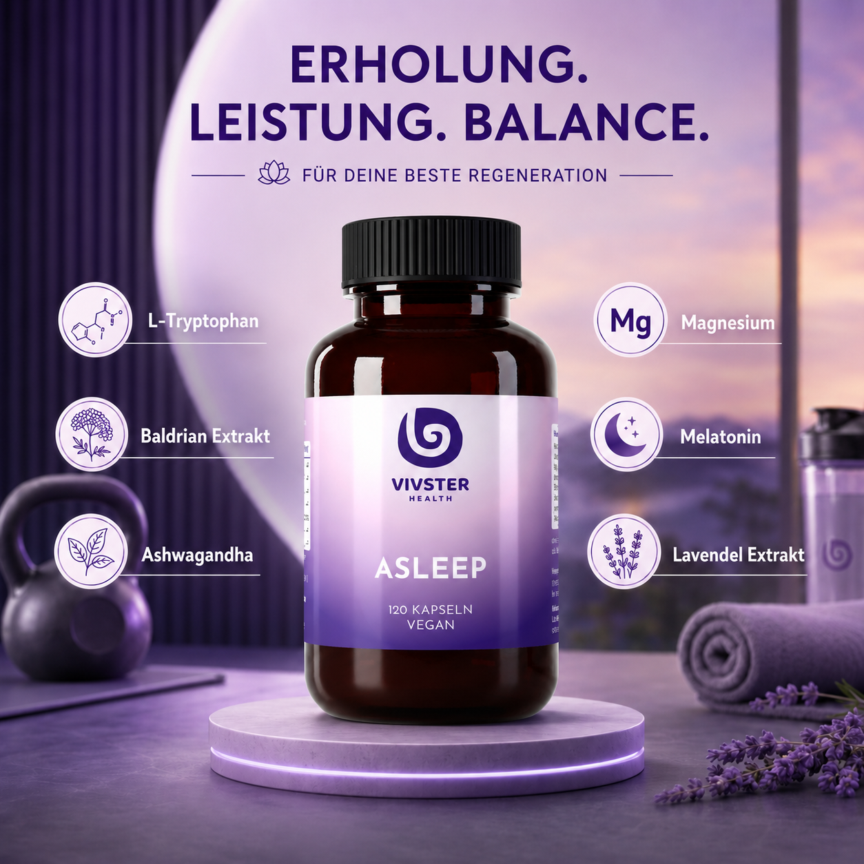ASLEEP mit Melatonin, Magnesium, Lavendel, Ashwagandha, Baldrian und L-Tryptophan für besseren Schlaf