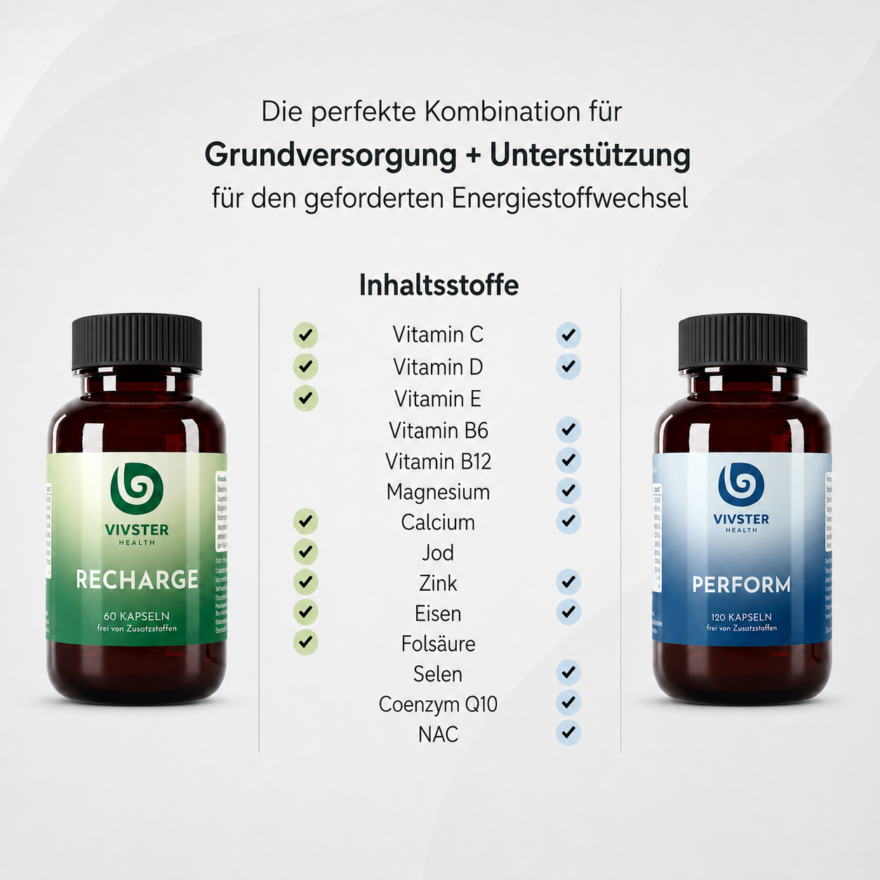 Die Inhaltsstoffe des Bundles Recharge und Perform ergänzen sich perfekt für mehr Leistung und bessere Regeneration.