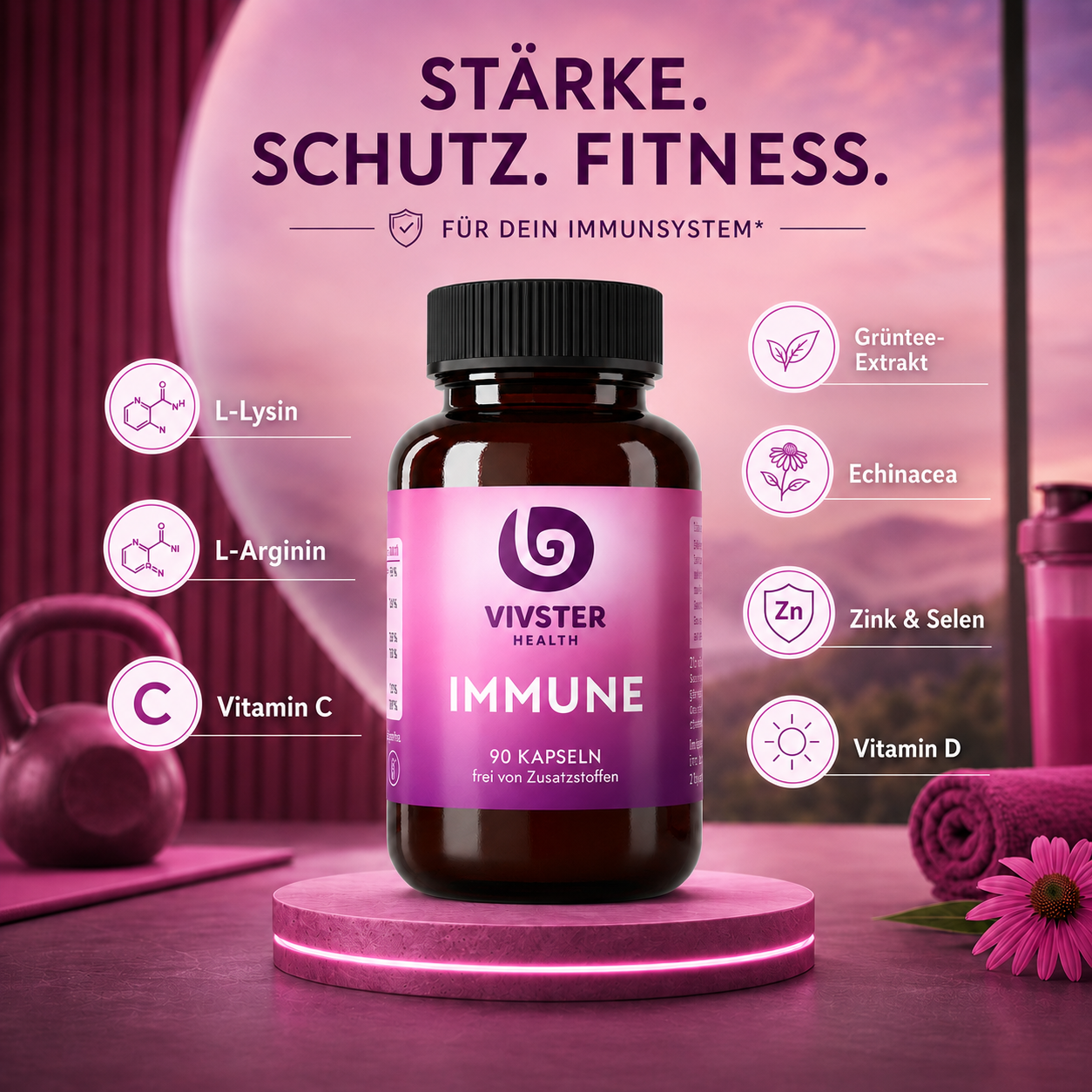 IMMUNE beinhaltet L-Lysin, L-Arginin, Vitamin C und D, Grüntee-Extrakt, Echinacea, Zink und Selen für ein starkes Immunsystem