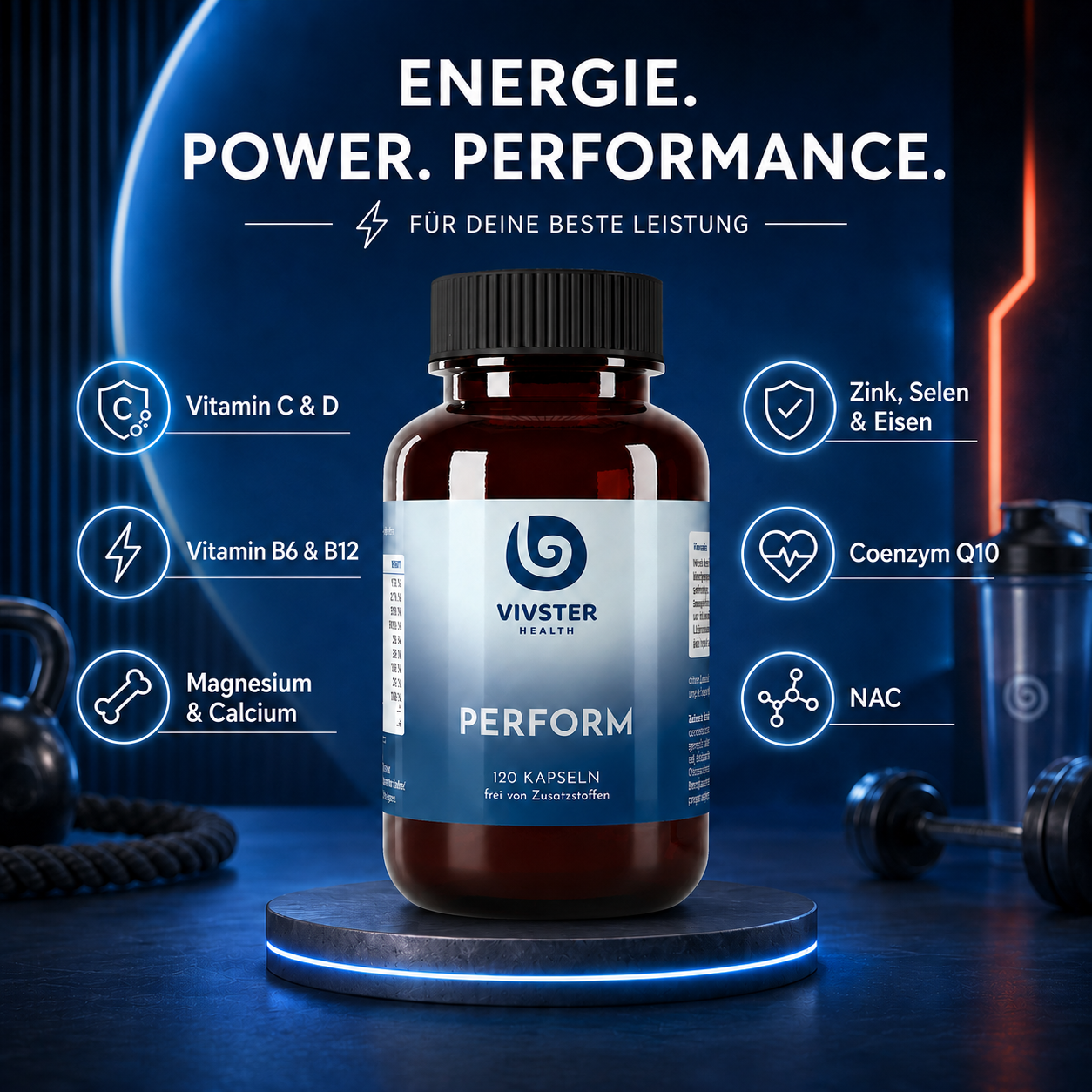 PERFORM beinhaltet Vitamin C, D, Zink, Selen, Eisen, Vitamin B6, B12, Q10, Magnesium, Calcium, NAC