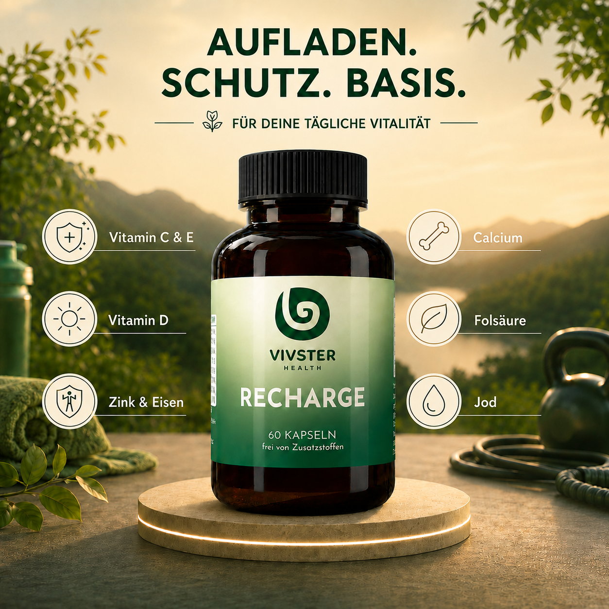 RECHARGE ist die Basisversorgung mit Vitamin C, D, E, Zink, Eisen, Calcium, Folsäure und Jod.