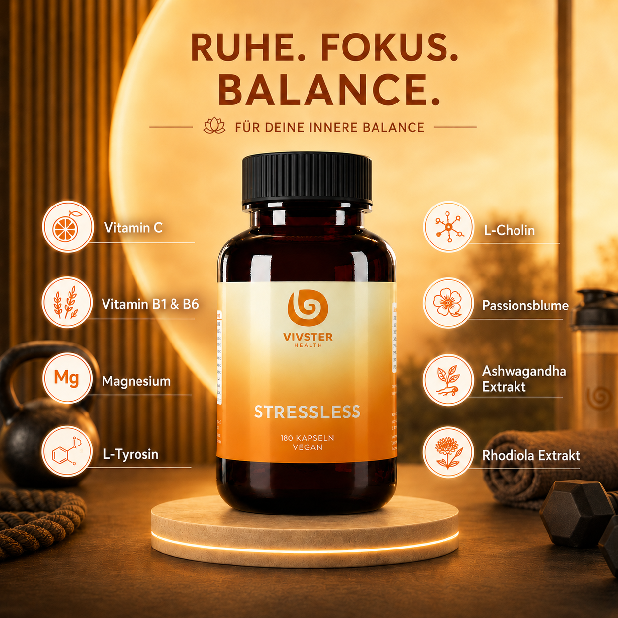 STRESSLESS mit Vitamin C, B1, B6, Magnesium, L-Tyrosin, L-Cholin, Passionsblume, Ashwagandha und Rhodiola für Entspannung und gegen Stress